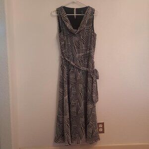 JBS WOMEN'S DRESS BLACK WHITE SLEEVELESS DRAPE NECK TIE BELT LINED SIZE 10